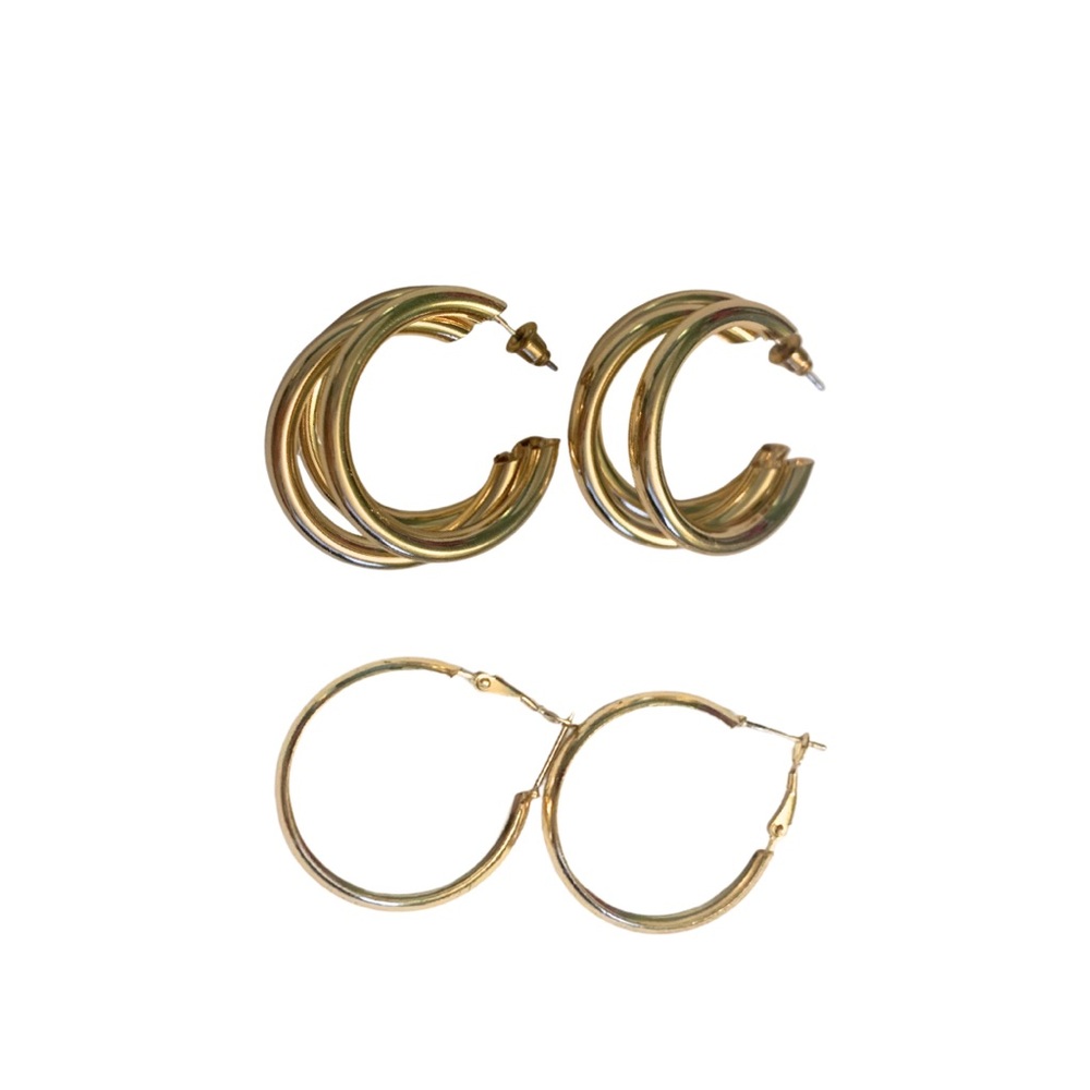 2/$30 Classic Gold Tone Single Triple Hoop Earrings Set Minimalist Dainty Preppy